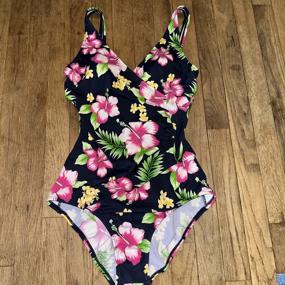 Jantzen Tropical Floral Slimming Scoop Swimsuit One Piece Size 12 Black